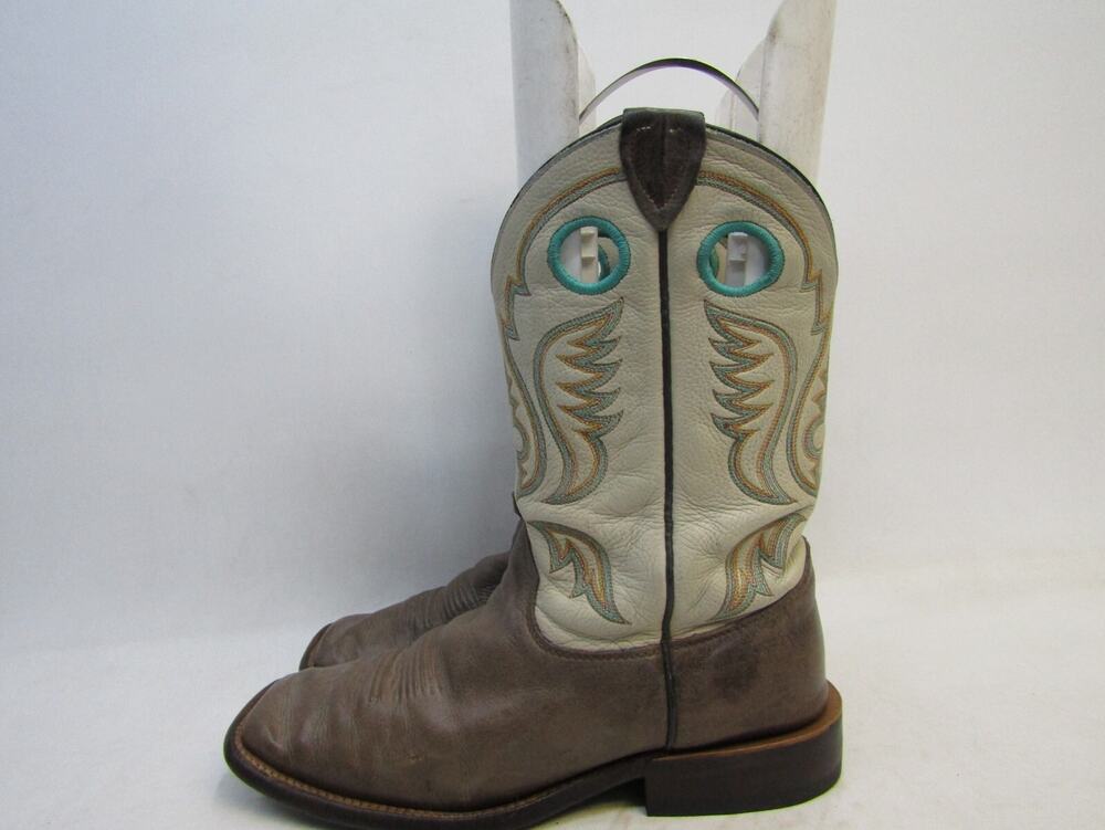 Justin Bent Rail Mens Sz 9.5 D Cream Brown Leather Buckaroo Cowboy Western Boots